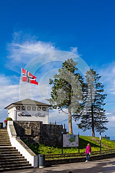 Scenic view at summer day from Top of Mount Floyen Glass Balcony Viewpoint mountain on terrasse kios. Bergen Hordaland