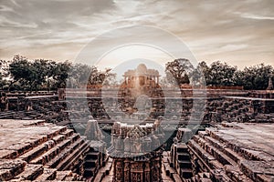 Scenic view of the Sun Temple at the Modhera village at sunset, Gujarat, India