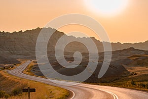 Scenic view at sunset in Badlands National Park.