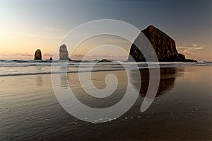 Scenic view of sunset at Haystack, Cannon Beach, Oregon, USA