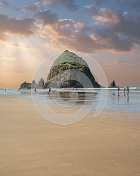 Scenic view of sunset at Haystack Rock,Cannon beach, Oregon