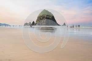 Scenic view of sunset at Haystack Rock,Cannon beach, Oregon