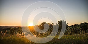 Scenic view of sunset over green grass on hills