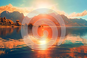 Scenic view of sunset over lake against cloudy sky and mountains. Lakeshore in the evening and sunset over the lake. Generative AI