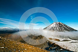 Scenic view of surreal volcanic mountains landscape and natural wonder of UNESCO Heritage with the top of Mt Ngauruhoe, Tongariro