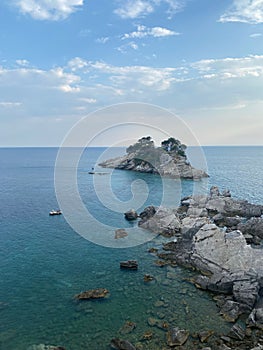 Scenic view of Sveta Nedelja islet from the top of Katic islet in Adriatic Sea, Budva, Montenegro