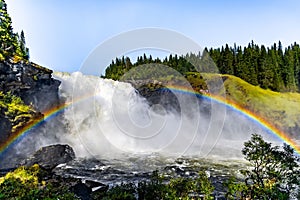 Scenic view of Tannforsen waterfall in Sweden on a sunny day