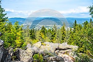 Scenic view of Tanvaldsky Spicak from rocky summit of Muchov Hill, Jizera Mountains, Czech Republic