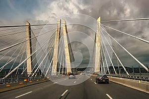 Scenic view of Tappan Zee Bridge across Hudson River on a cloudy day