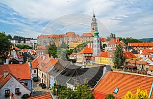 Scenic view to castle and rooftops in old town of Cesky Krumlov, Czech republic