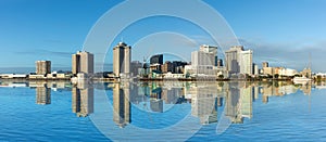 scenic view to New Orleans skyline in morning light from river Mississippi, USA