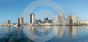 scenic view to New Orleans skyline in morning light from river Mississippi, USA