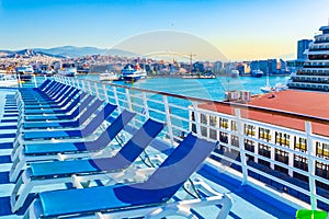 Scenic view from top deck of cruise ship docked at Piraeus port Greece