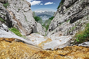 Scenic view of Totes Gebirge mountainrange with cascade