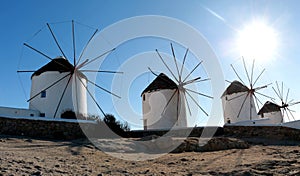 Scenic view of traditional greek windmills on Mykonos , Cyclades, Greece