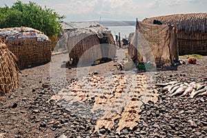 Scenic view of traditional houses in El Molo village at the shores of Lake Turkana, Kenya