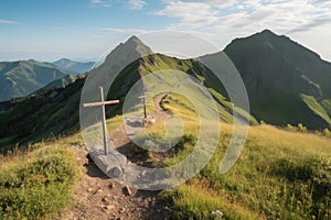 scenic view of trail with markers leading the way to the top of a mountain range