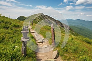 scenic view of trail with markers leading the way to the top of a mountain range