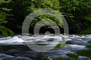 Scenic view of a tranquil river in a green forest in Nantahala River Gorge, North Carolina