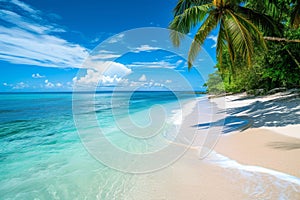 A scenic view of a tropical beach with palm trees and clear water under a blue sky, Tropical beach with crystal clear waters and