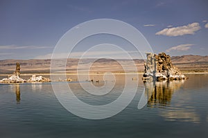 Scenic view of the Tufa Towers reflected on the water of Mono Lake, California