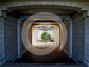 Scenic view of a tunnel with gates against Bahai Garden Haifa in Israel