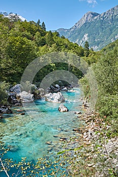 Scenic view of the turqoise river Soca in Slovenia