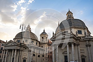 Scenic view of the twin churches churches of Santa Maria Montesanto and Santa Maria Miracoli in Piazza del Popolo, iconic square