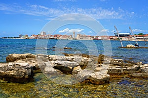 Scenic view of Umag old town, Istria, Croatia. Summer landscape with medieval architecture, blue sea and sky, travel background