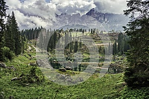 Scenic view of Val di Fassa and the Dolomites