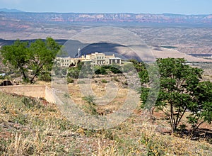 Scenic view of Verde Valley with Jerome State Historic Park Museum standing on the hilltop - Jerome, Arizona