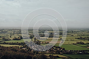 Scenic view of village and farms from Mendip Hills, UK