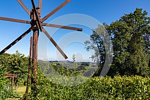 Ehrenhausen - Scenic view of vineyards and windmill klapotetz in Ehrenhausen an der Weinstrasse, Leibnitz