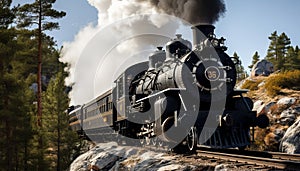 Scenic view of a vintage grey steam train passing through the breathtaking spring mountains