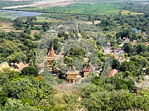 Scenic view of Vipassana meditation center from the observation platform at the top of Oudong mountain in Cambodia