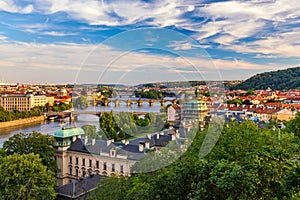 Scenic view on Vltava river and historical center of Prague, buildings and landmarks of old town, Prague, Czech Republic. Charles