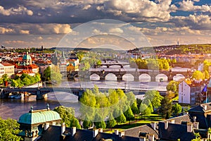 Scenic view on Vltava river and historical center of Prague, buildings and landmarks of old town, Prague, Czech Republic. Charles