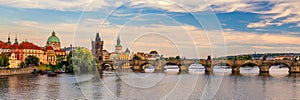 Scenic view on Vltava river and historical center of Prague, buildings and landmarks of old town, Prague, Czech Republic. Charles