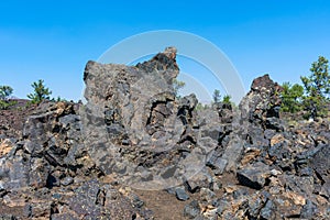 Scenic view of volcanic lava rocks with green conifer trees in background