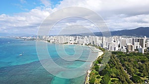 Scenic view of the Waikiki Beach skyline in Oahu, Hawaii.