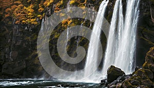 Scenic view of Waterfall in a autumm forest surrounded by rocks and trees