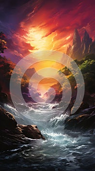 Scenic view waterfall sublime waterfall merging Generative AI