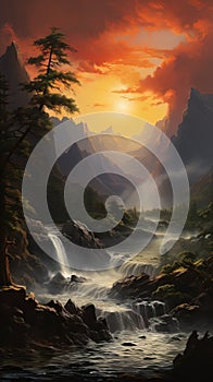 Scenic view waterfall sublime waterfall merging. Generative AI