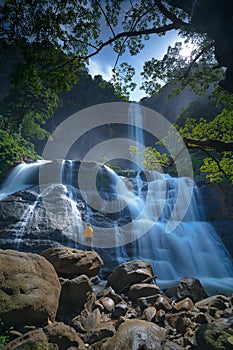 Scenic view of waterfalls of Ciletuh Geopark in Sukabumi, West Java, Indonesia