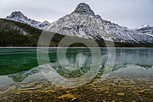 Scenic view of the Waterfowl lakes with the surrounding mountains on the Icefields Parkway in Banff National Park