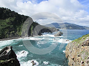 Scenic view of waves and rocks on atlantic ocean coast of Spain, Basque Country