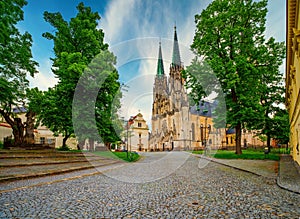 Scenic view of Wenceslas square with Saint Wenceslas Cathedral and Church of Saint Anne in Olomouc, Czech Republic