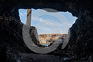 Scenic view of the west coast of the island Fuerteventura from the inside of Caves of Ajuy, Spain