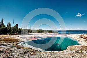 Scenic view of the West Thumb Geiser Basin in Yellowstone National Park, Wyoming USA