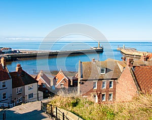 Scenic view of Whitby city in autumn sunny day